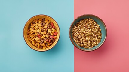 Poster - Two bowls of pet food on a split blue and pink background.