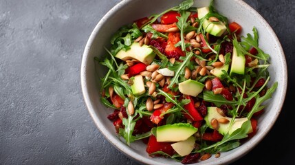 Poster - A fresh arugula salad with avocado, red bell peppers, and sunflower seeds in a rustic bowl—perfect for healthy dining