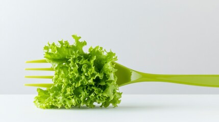 Poster - Fresh green lettuce leaves on a green plastic fork against a white background.