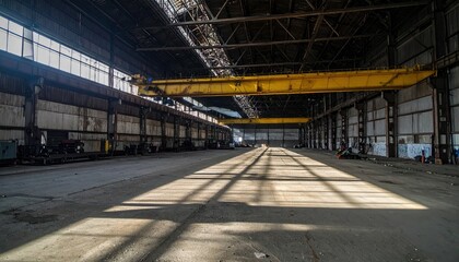 Poster - Spacious Warehouse Interior with Overhead Crane and Dramatic Shadows