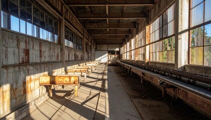 Poster - Abandoned Storage Facility with Rusty Conveyor Belts and Shadows