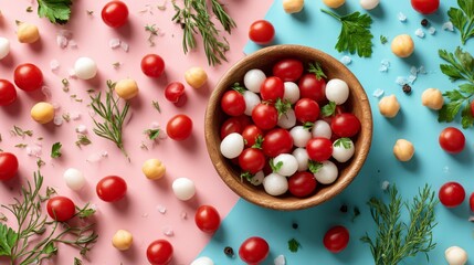 Poster - Colorful salad ingredients fill a wooden bowl, artistically arranged against a soft pastel backdrop, showcasing freshness and healthy eating options