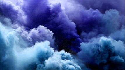Poster - Dramatic low angle reveals vibrant clouds of colorful powder in blue and purple shades, creating a dynamic and energetic atmosphere on a dark background