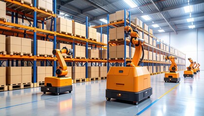 Poster - Robotic Pickers in Sprawling Warehouse with Dusty Atmosphere