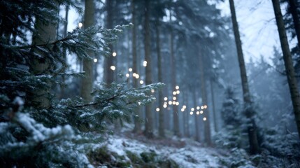 Poster - Snow gently falls on pine trees, illuminating the forest with twinkling fairy lights. The cool blue tones enhance the enchanting winter wonderland atmosphere