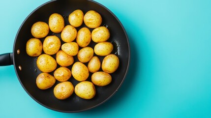 Poster - Roasted small potatoes in a black frying pan on a blue background.