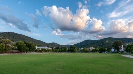 Poster - A lush polo field with rolling hills and golden-hour light creates a serene setting ideal for outdoor activities