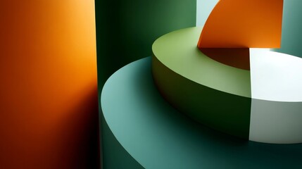 Poster - Colorful overlapping shapes create a powerful visual experience, blending green and orange against a gradient background perfect for creative industries' marketing