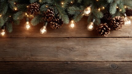 Poster - A wide shot captures a high-angle view of evergreen twigs and pinecones on a wooden surface, softly glowing with festive lights, creating a warm holiday atmosphere
