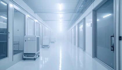 Poster - Sterile Cold Storage Room with Robotic Pickers in Misty Atmosphere