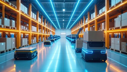 Poster - Futuristic Warehouse with Robotic Pickers and Neon Lighting Accents