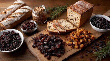 Poster - A wide-angle view showcases a charming spread featuring dried fruits, seeds, and pieces of freshly baked bread, illuminated by warm lighting on a wooden table
