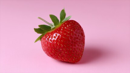 Aufkleber - Bright red strawberry rests on a soft pink surface, highlighting its fresh and juicy appearance with glistening seeds and vibrant green leaves