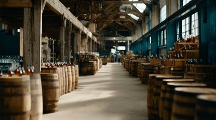 Aufkleber - Rows of oak casks age spirits in a rustic distillery, illuminated by warm light filtering through high windows, highlighting artisanal craftsmanship and tradition