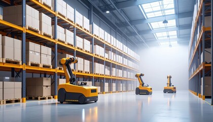 Poster - Robotic Pickers in Sterile Warehouse Mezzanine Under Foggy Light