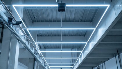 Poster - Sterile Warehouse Mezzanine with Neon Accents and Security Cameras
