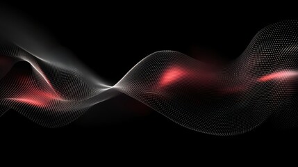 Poster - Abstract wave pattern with white dots and red light on a black background in a digital rendering