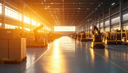 Poster - Automated Warehouse with Robotic Pickers at Golden Hour Light