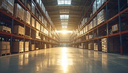 Poster - Vast Cargo Warehouse with Pallet Racking in Soft Morning Light