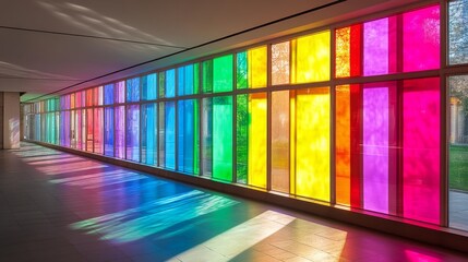 Colorful stained glass windows line a modern corridor.