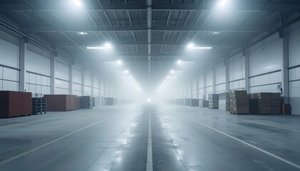 Poster - Vast Industrial Warehouse with Furniture in Misty Atmosphere