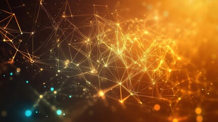 Poster - Abstract golden network with glowing nodes and connecting lines on a dark background design