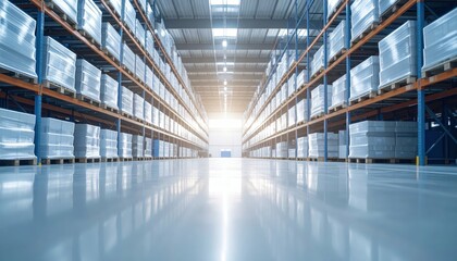 Poster - Vast Refrigerated Warehouse with Pallet Racking in Soft Morning Light