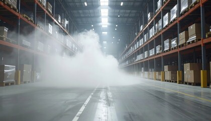 Poster - Vast Warehouse Interior with Vehicle Part Storage and Dust Swirling