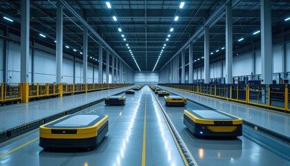 Poster - Vast Warehouse Interior with Automated Guided Vehicles and Ambient Lighting