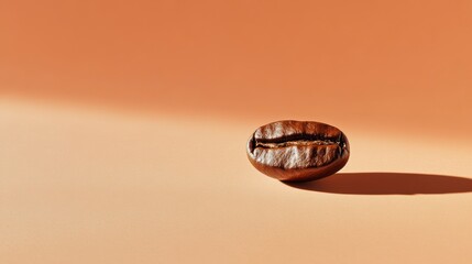 Poster - Single roasted coffee bean on peach background, illuminated by sunlight.