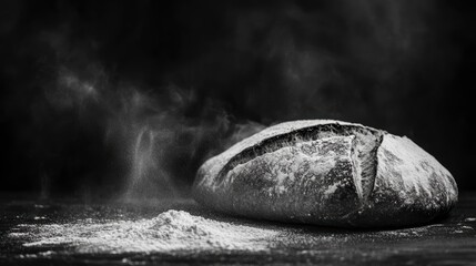 Poster - Freshly baked sourdough bread with flour dust and steam on dark background.