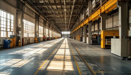 Poster - Weathered Dock Facility with Packaging Machines and Dramatic Shadows
