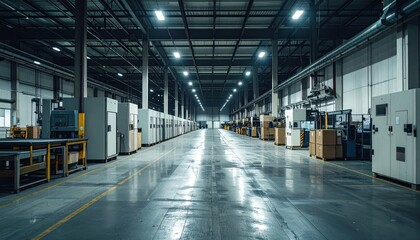 Poster - Modern Distribution Center with Ambient Lighting and Packaging Machines
