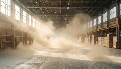 Poster - Dusty Warehouse with Weathered Pallet Racking Amid Swirling Dust
