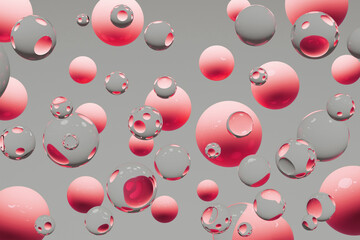 Fototapete - Floating transparent glass and pink spheres on gray abstract background. 3D rendering. Abstract pattern, texture perfect for modern tech designs, digital art, or futuristic wallpapers.