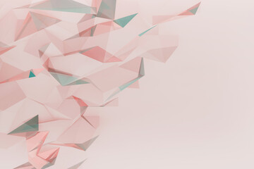 Poster - 3D geometric pattern in soft pink tones with triangles, pyramids and edges as abstract ridges as border. Copy space for text. 3D rendering background in digital art, paper origami, minimalist style.