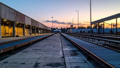 Poster - Weathered Furniture Warehouse with Conveyor Belts at Dusk