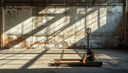 Poster - Weathered Warehouse with Dramatic Shadows and Pallet Jack