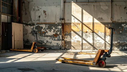 Poster - Weathered Warehouse Scene with Pallet Jacks and Dramatic Shadows