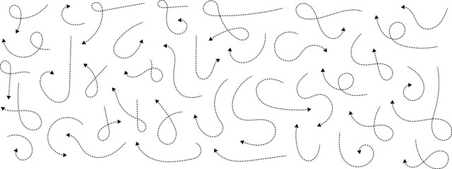 Poster - Hand drawn dotted arrows. Hand drawn freehand different curved lines, swirls arrows. Curved arrow line. Doodle, sketch style. Isolated Vector illustration.