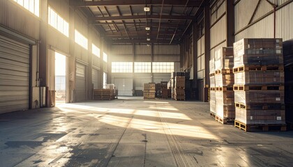 Poster - Soft Morning Light in Weathered Warehouse with Stacked Pallets