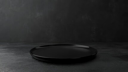 Poster - Empty black plate on dark surface, minimalist studio shot.