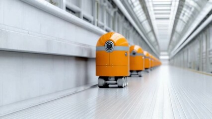 Aufkleber - Robots Lineup in Futuristic Corridor: A row of modern robots stands at attention within a clean, illuminated futuristic corridor.