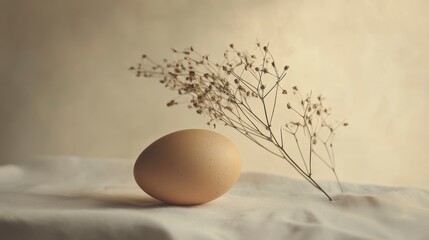 Poster - Single brown egg rests on beige fabric next to dried flowers.