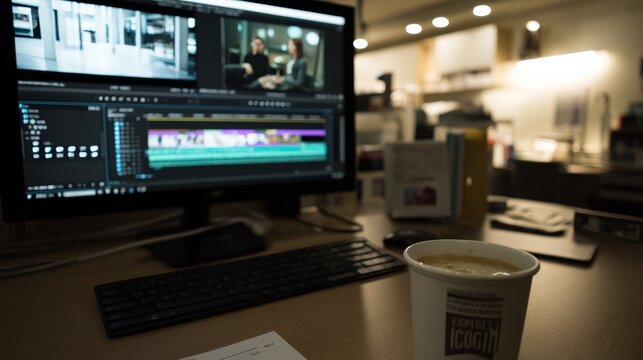 Focused video editor works diligently on colorful editing software at a well-organized workstation, accompanied by a cup of coffee and warm desk lighting