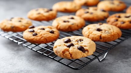 Poster - A batch of warm chocolate chip cookies rests on a cooling rack, showcasing golden-brown edges and melted chocolate chips, inviting homemade sweetness