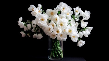 Poster - A beautiful display of white poppy flowers fills a black glass vase, showcasing delicate petals and a polished, minimalist design on a dark surface