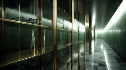 Aufkleber - Rows of high-end eyeglasses are showcased on golden shelves, illuminated by soft lighting that enhances their luxurious details and creates an exclusive atmosphere