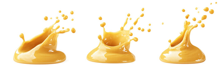 Poster - Dynamic splashes of yellow liquid creating artistic patterns on white background, isolated on transparent background, png