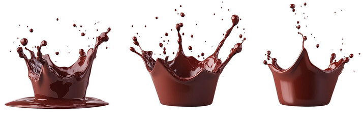 Poster - Chocolate splash effects in three different shapes and sizes on white background, isolated on transparent background, png